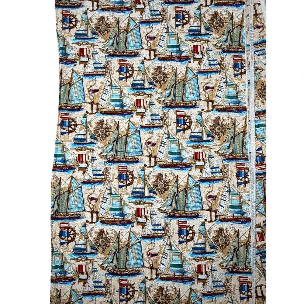 VTG Robert Kaufman Sailboat Fabric Tan Nautical Sailboat Anchor Compass 98